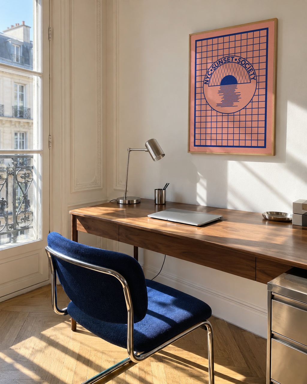 Nyc Sunset Society Blue - Framed poster in an interior