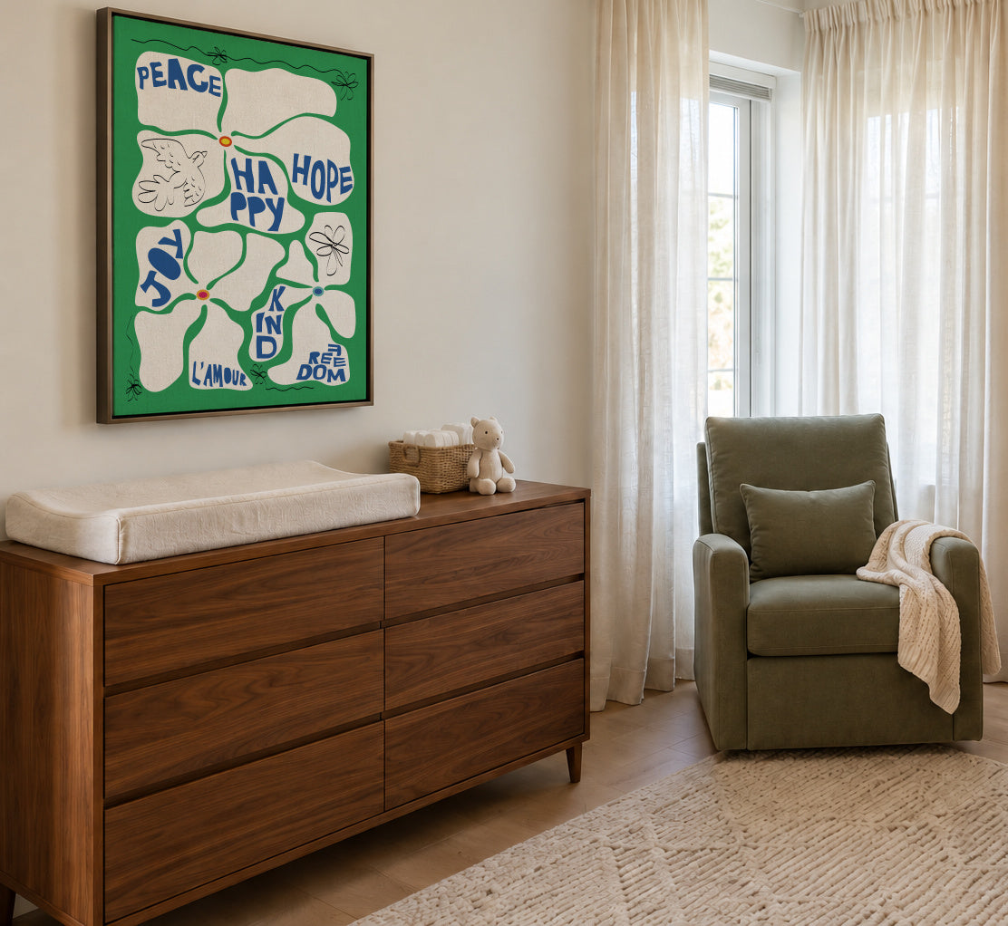 Flowers of the Tome - Green - Framed canvas in an interior