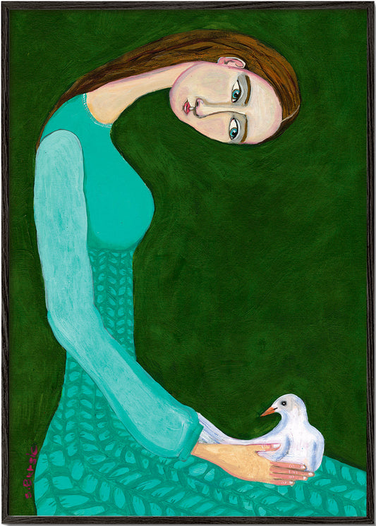 Lady sitting with white dove bird woman - Sharyn Bursic