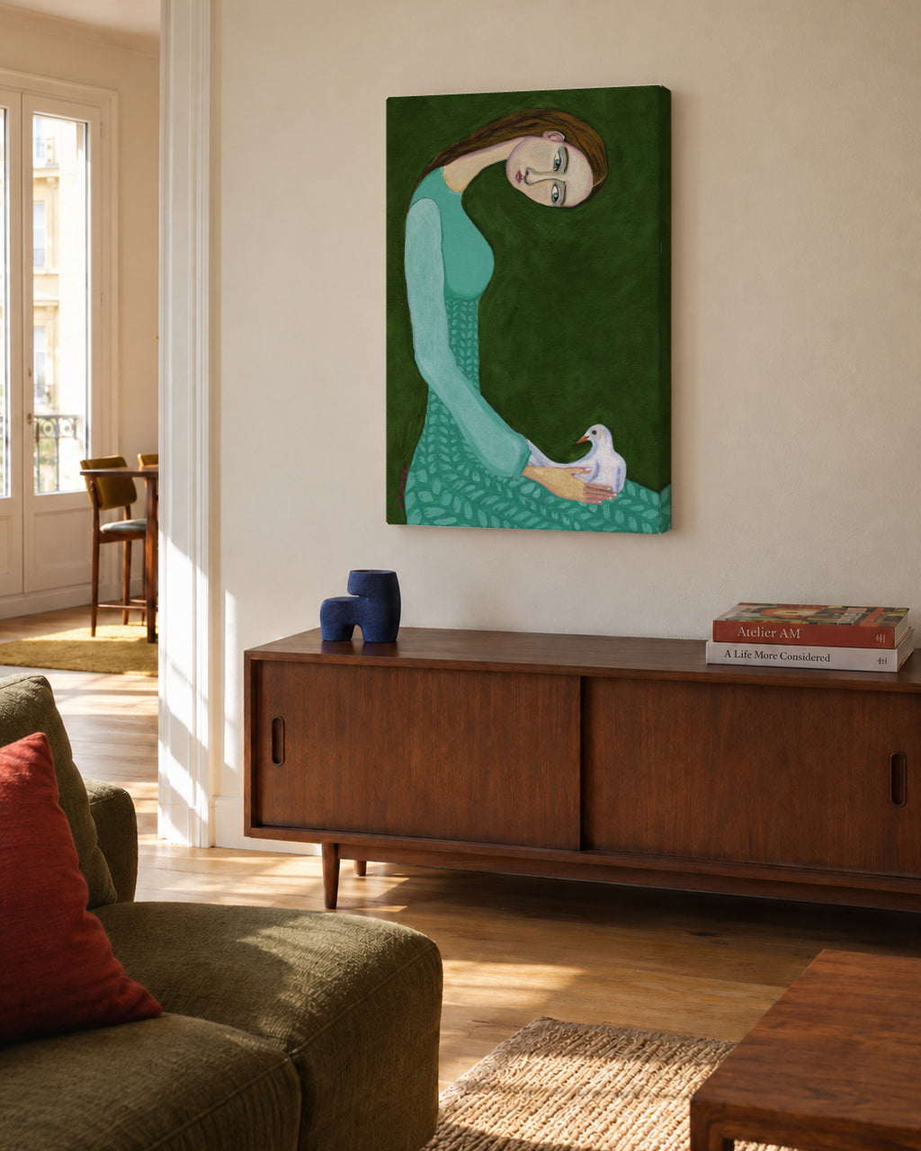 Lady sitting with white dove bird woman - Unframed canvas in an interior
