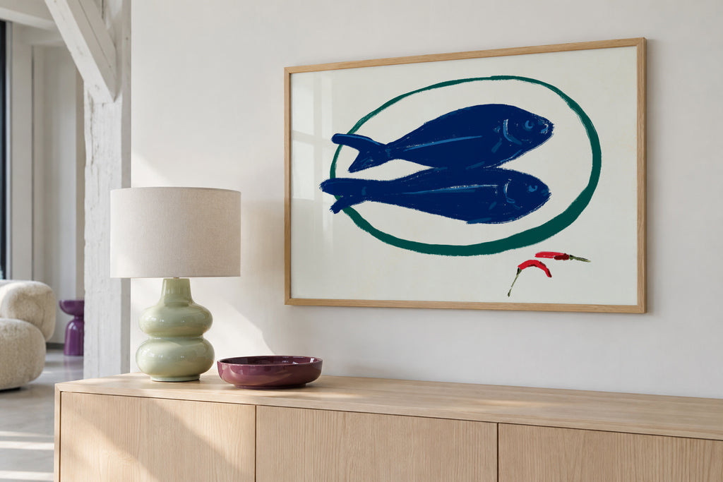 Blue fishes still life - Framed poster in an interior