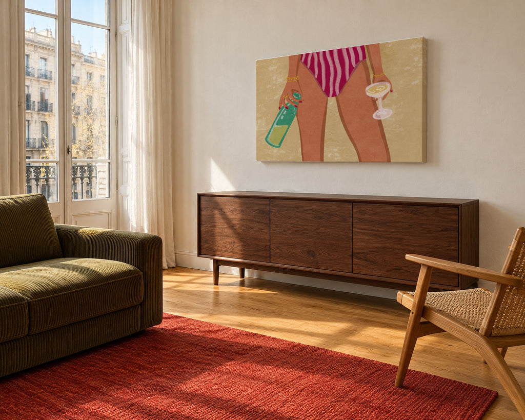Girl with wine at the beach - Unframed canvas in an interior