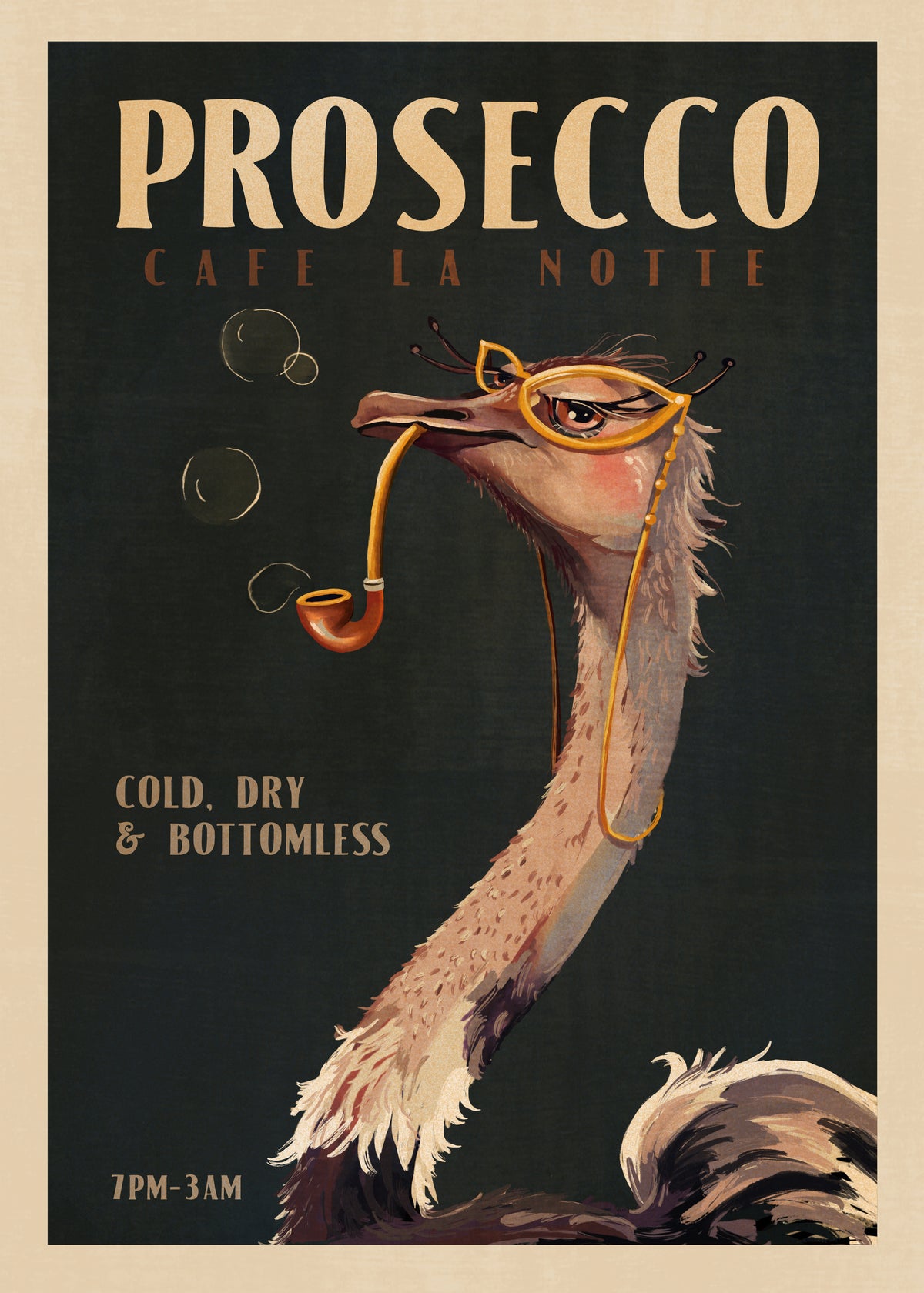 Cute Art Deco Prosecco Poster Of An Ostrich - Obra sin marco
