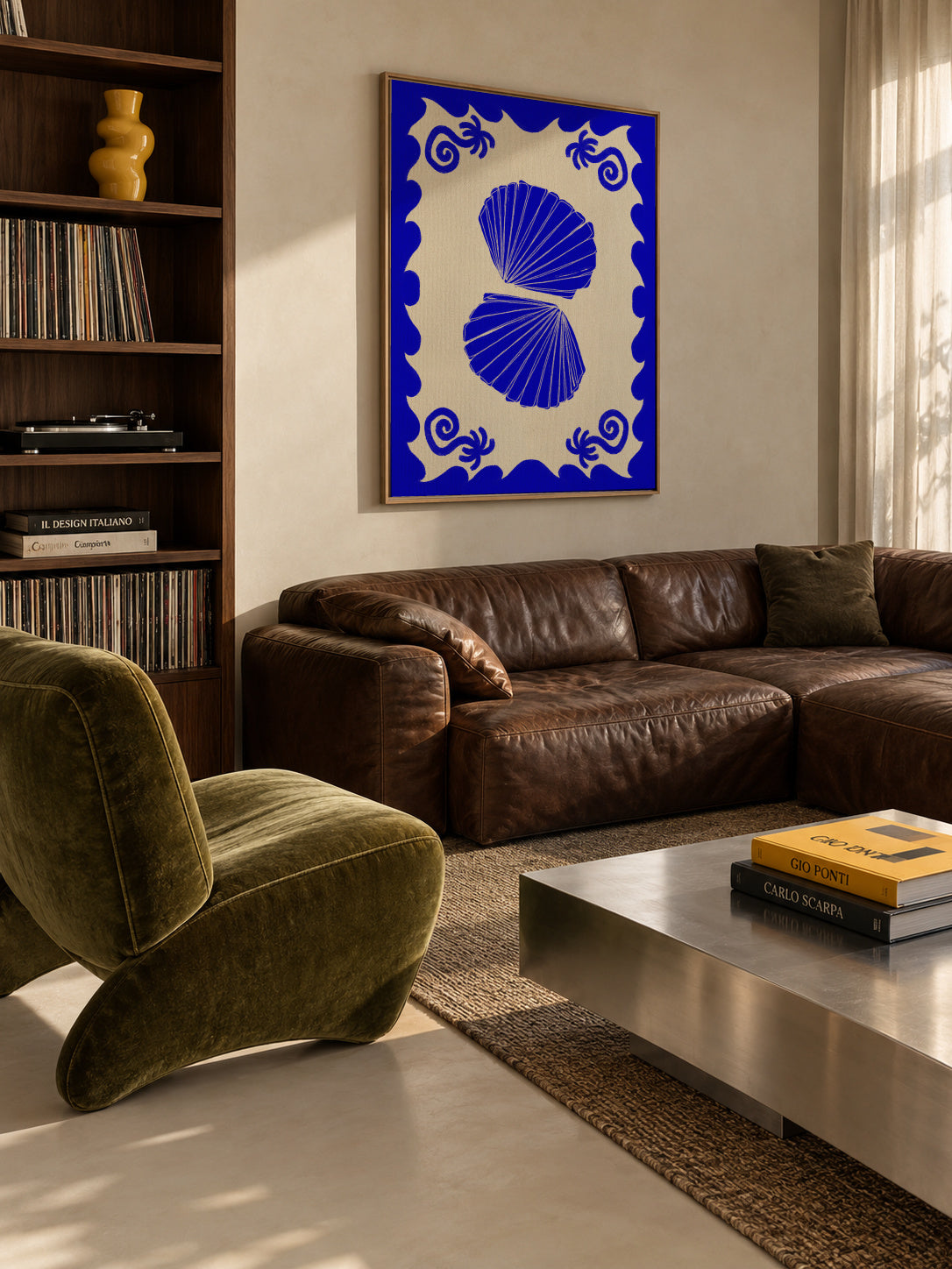 Blue Seashell Stories - Framed canvas in an interior