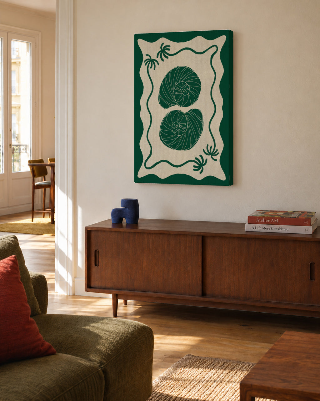 Green Seashell Stories - Unframed canvas in an interior
