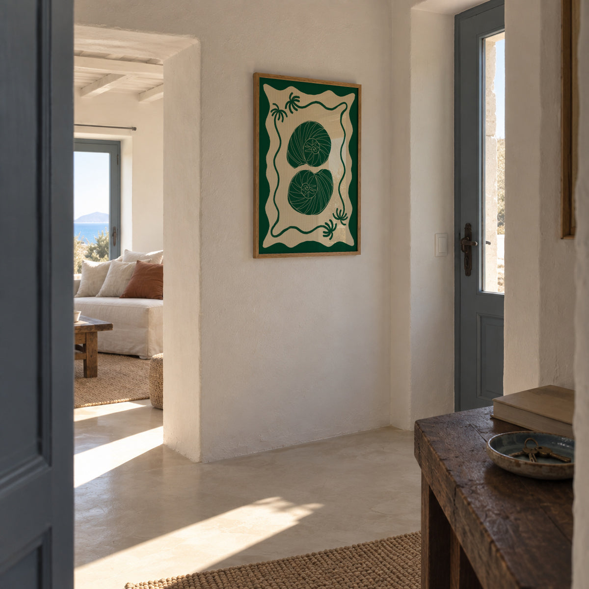 Green Seashell Stories - Framed poster in an interior