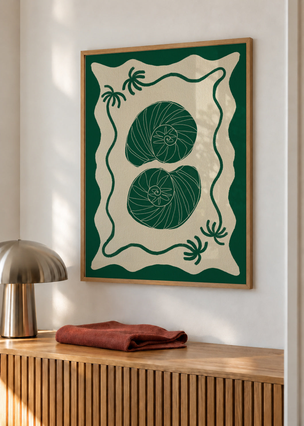 Green Seashell Stories - Framed poster in an interior