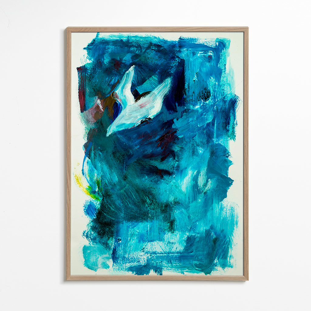 Cuadro abstracto azul con figura aérea – Oak Frame