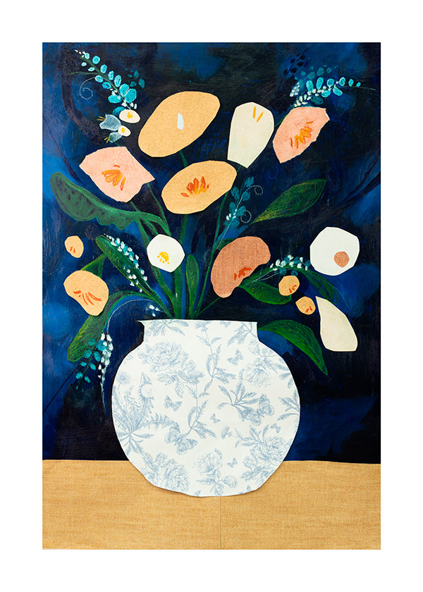 Lámina botánica con ramo en jarrón