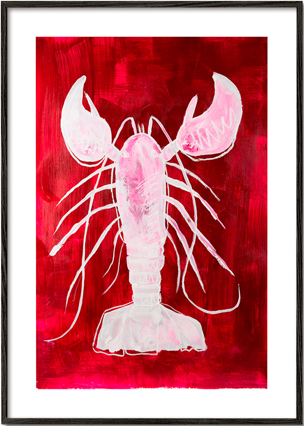 Cuadro de cocina: langosta blanca sobre fondo rojo – Black Frame