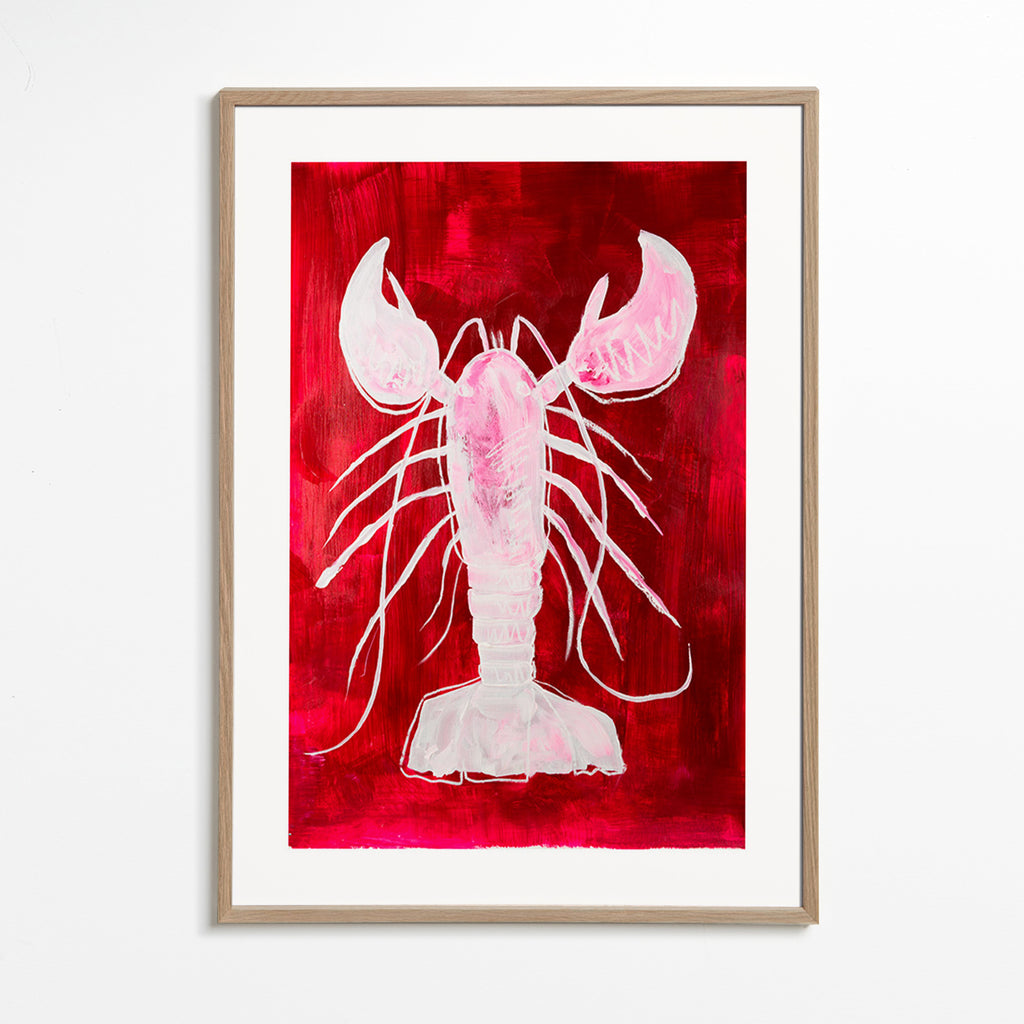 Cuadro de cocina: langosta blanca sobre fondo rojo – Oak Frame