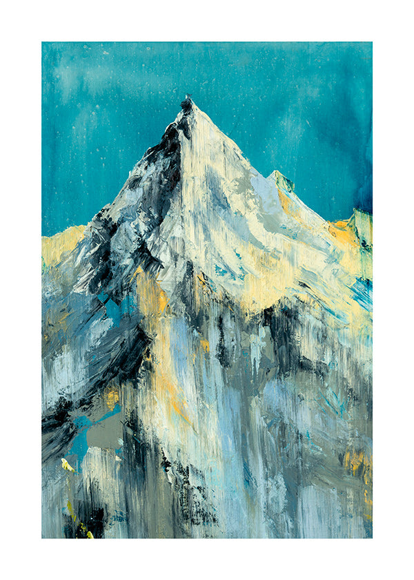 Cuadro de paisaje con pico nevado y lavados turquesa