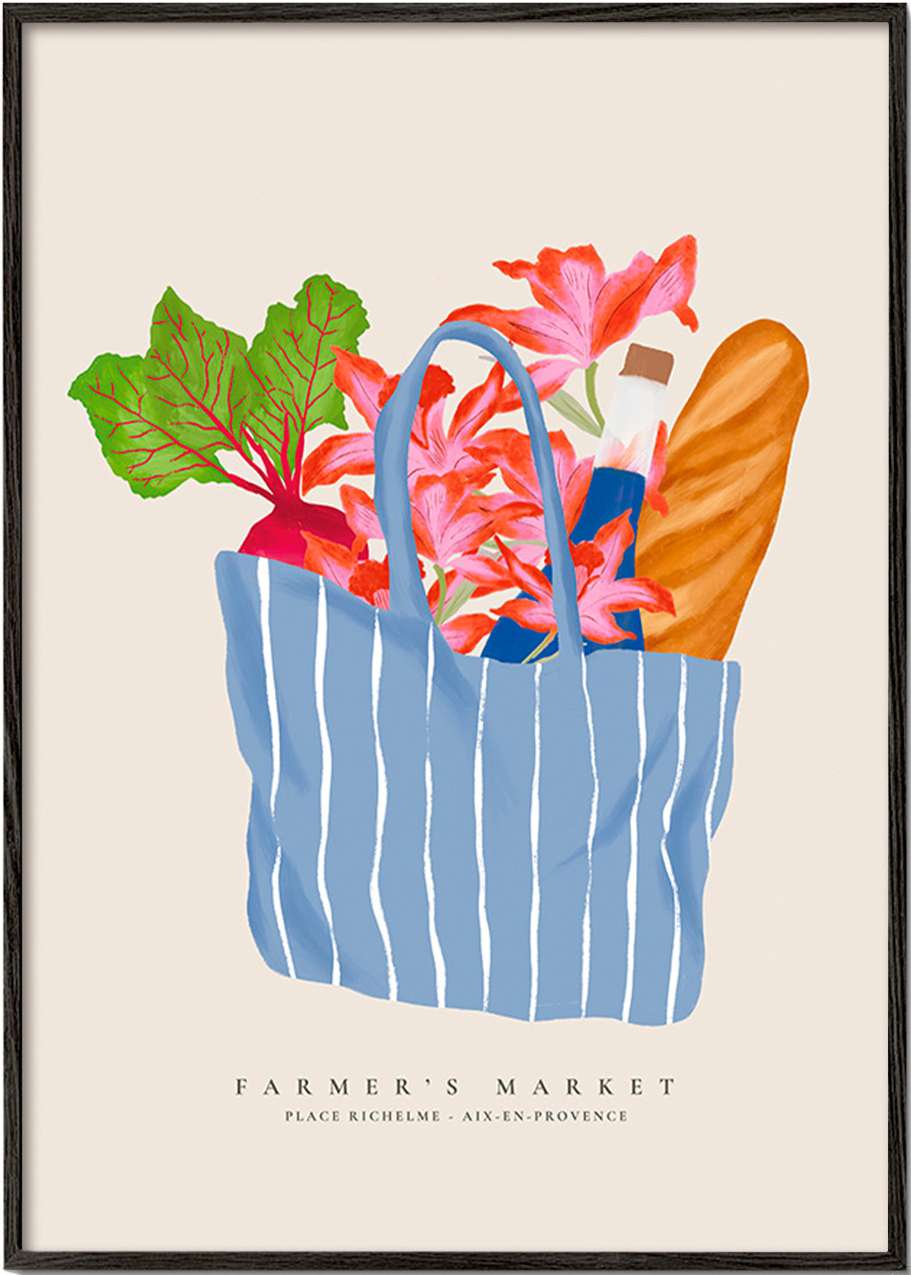 Kitchen art featuring a market bag illustration