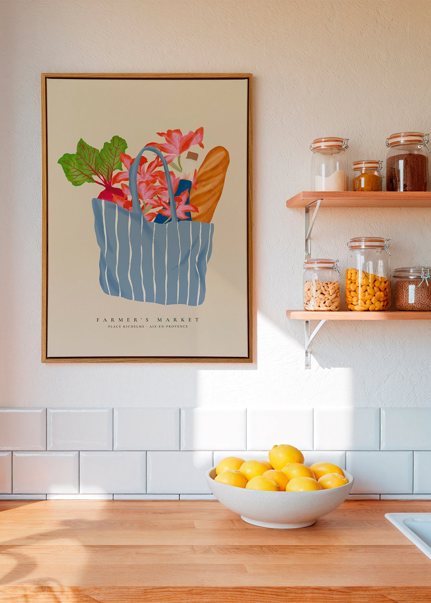 Kitchen art featuring a market bag illustration