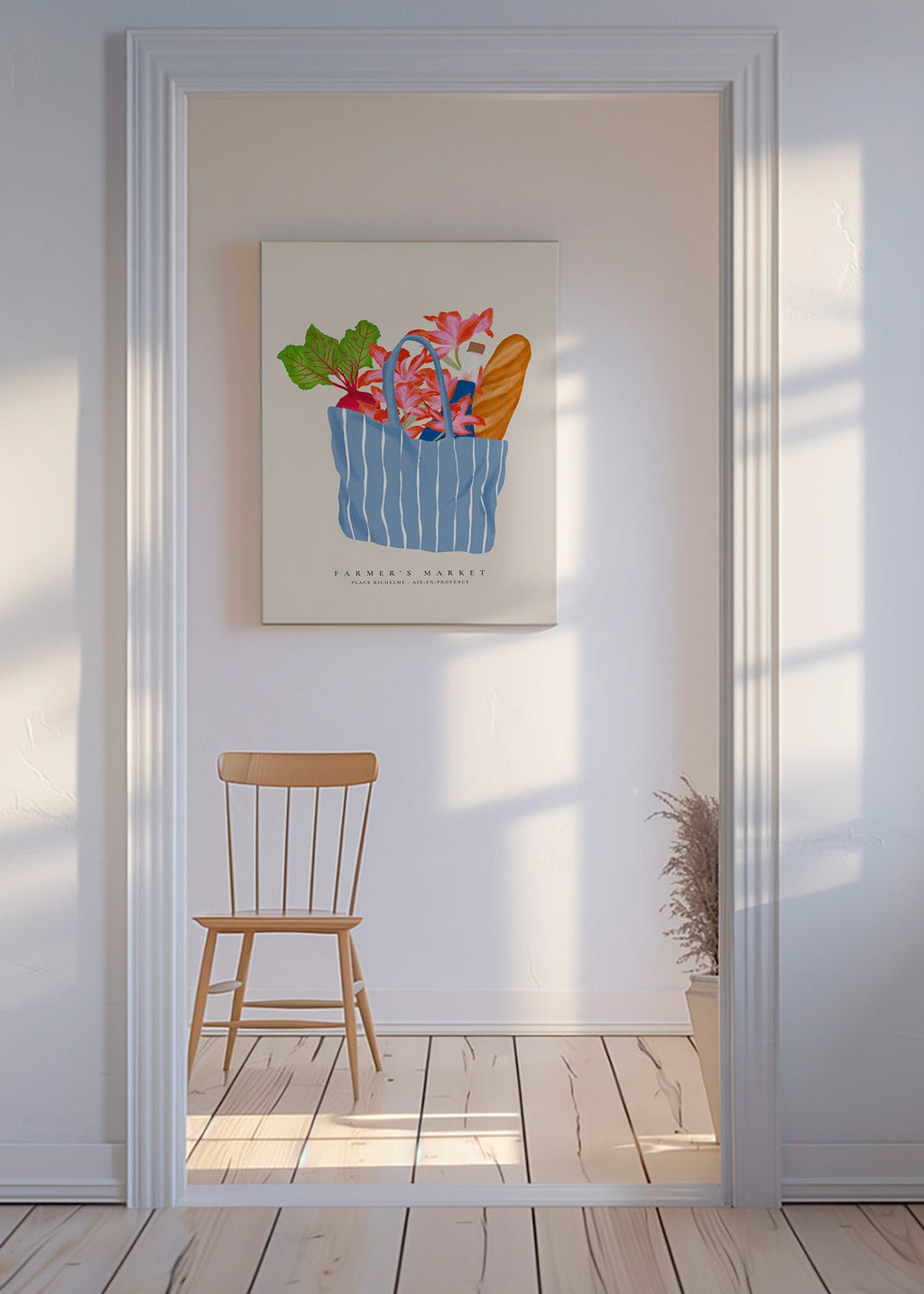 Kitchen art featuring a market bag illustration