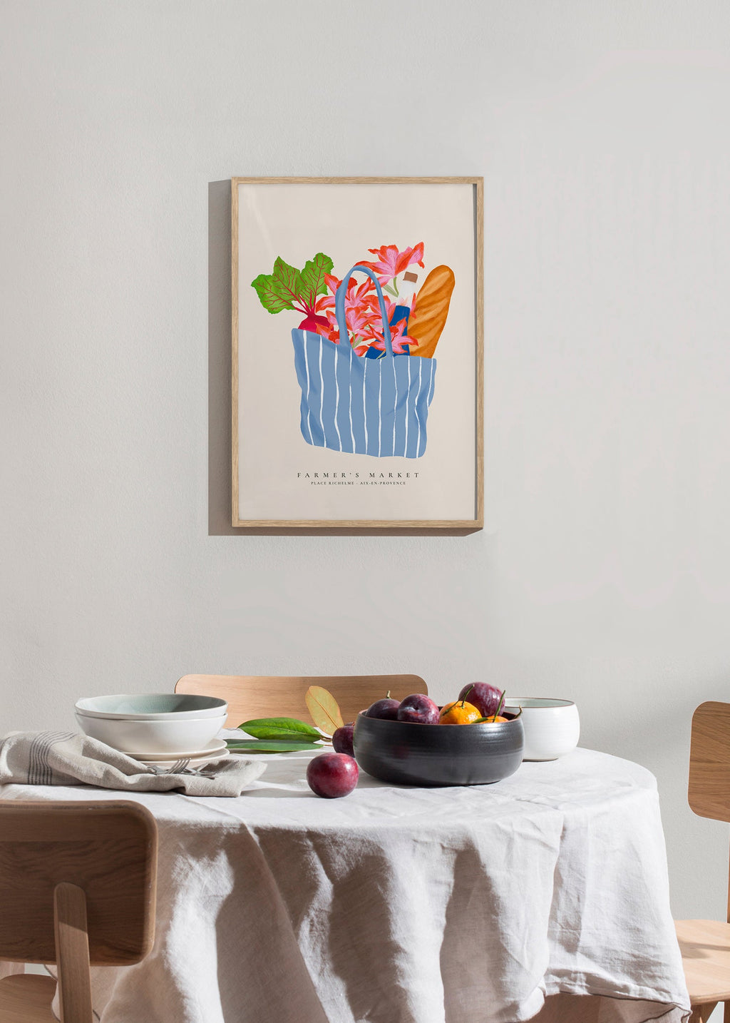 Kitchen art featuring a market bag illustration