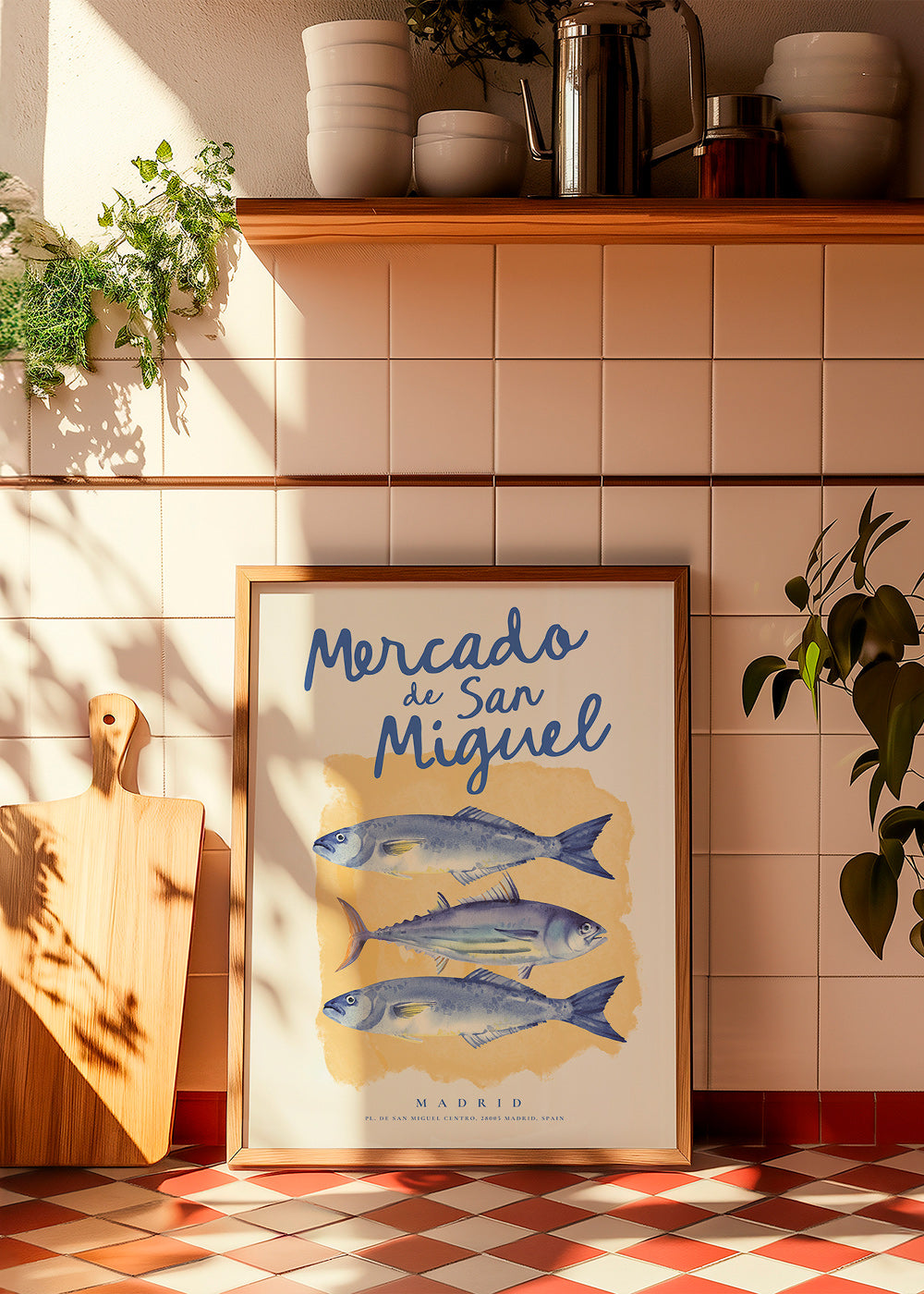 Kitchen art San Miguel blue fish poster