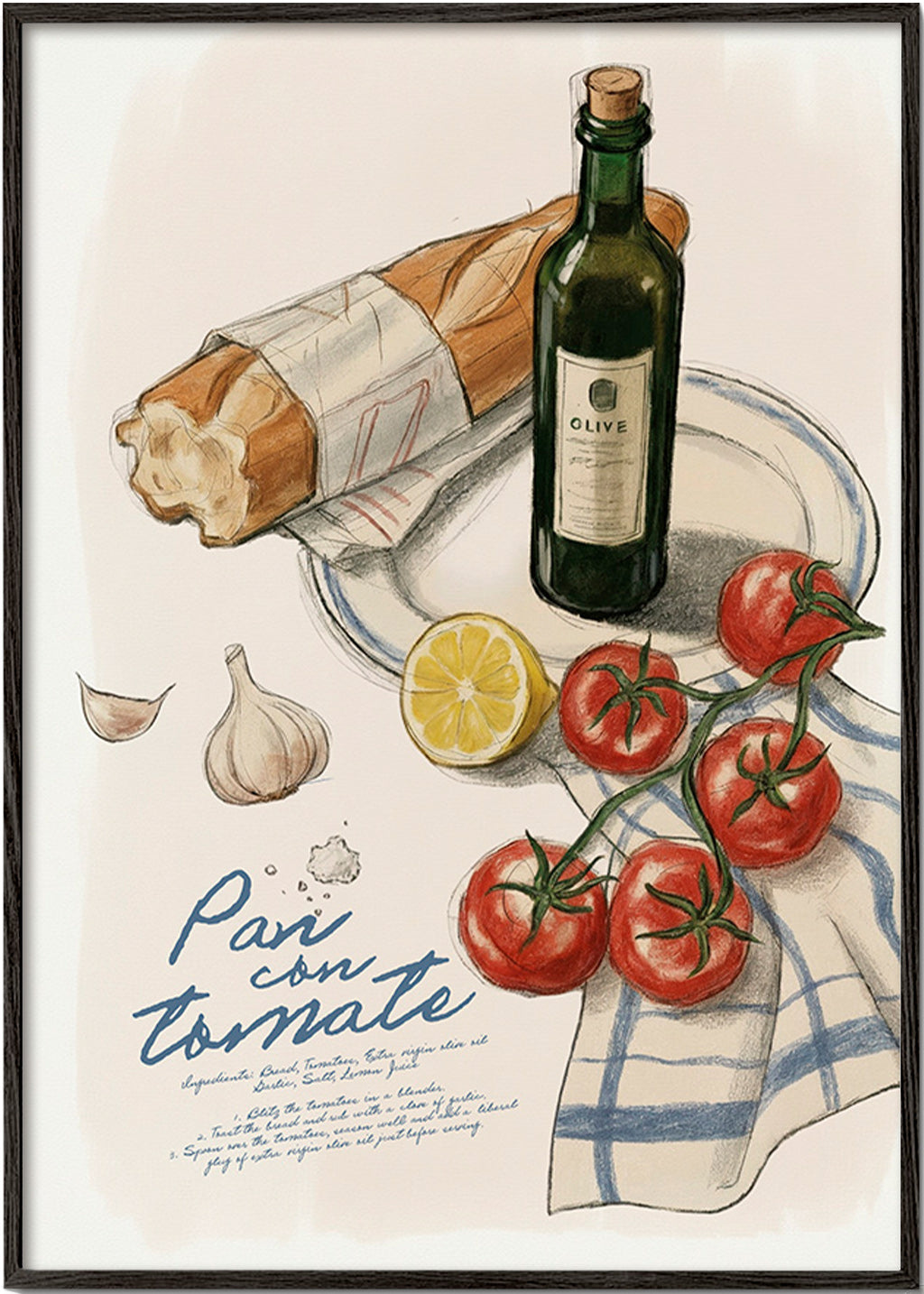 Kitchen art Tomato and bread illustration
