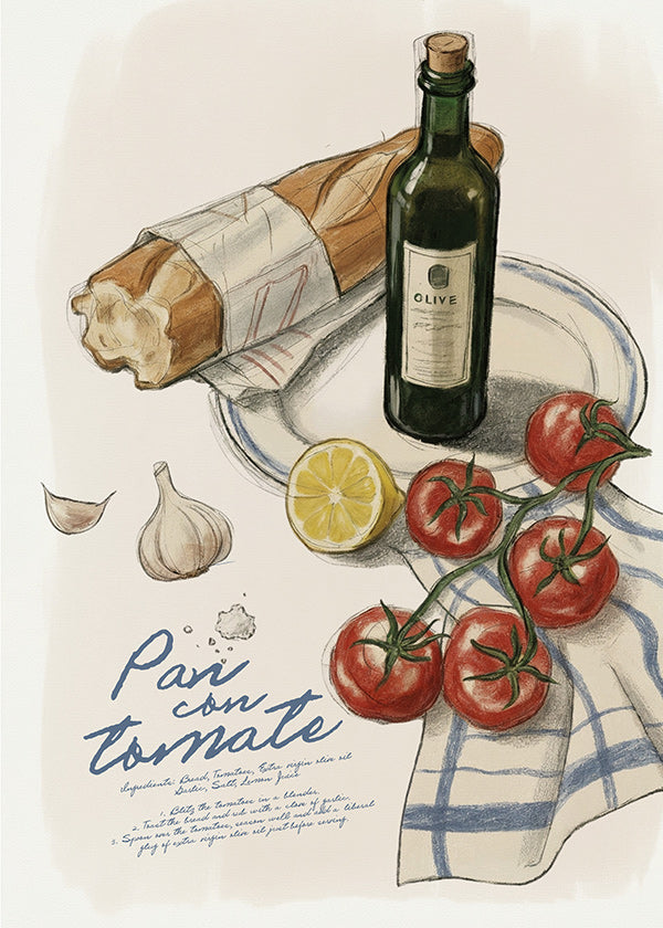 Kitchen art Tomato and bread illustration