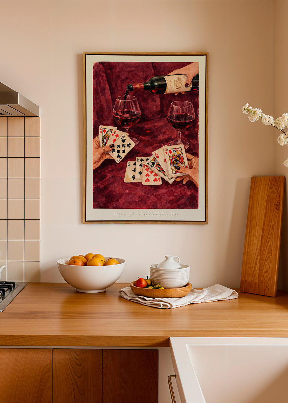 Kitchen art with playing cards and red wine