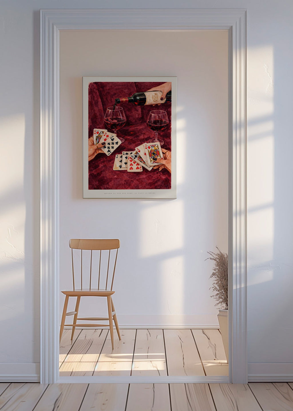 Kitchen art with playing cards and red wine