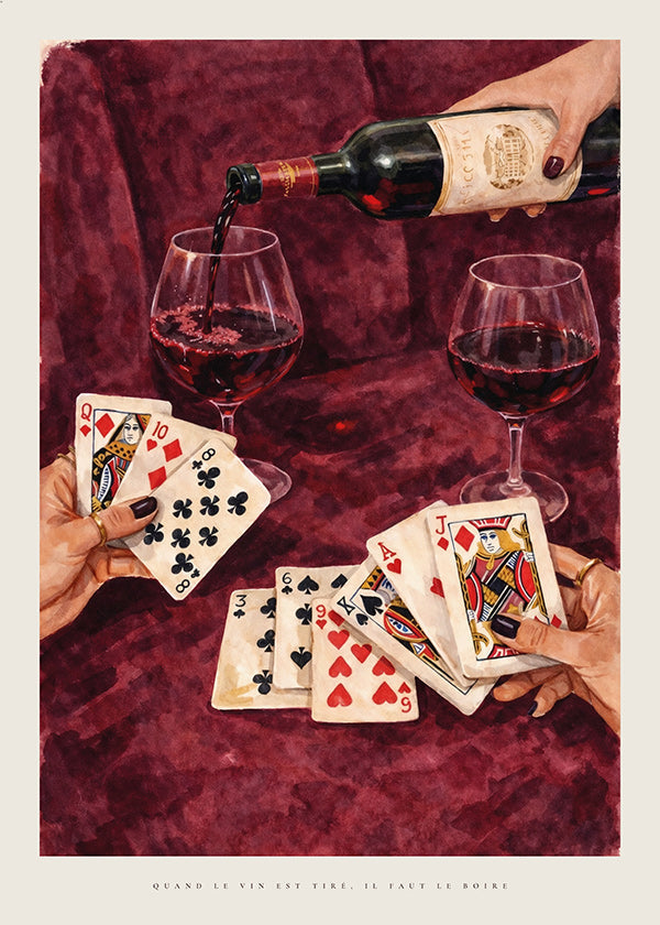 Kitchen art with playing cards and red wine