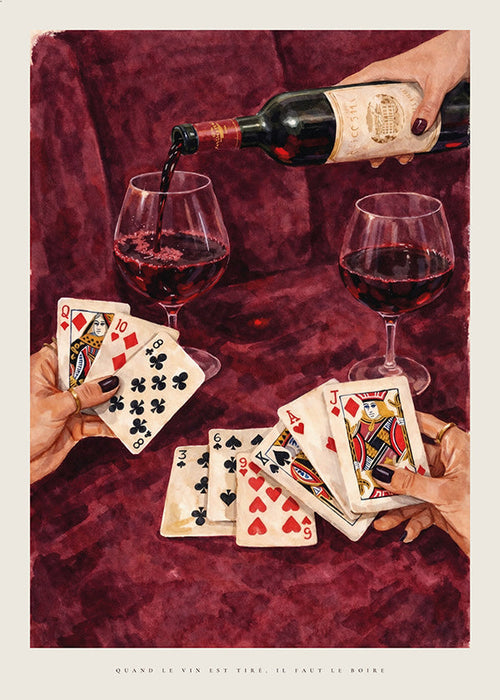 Kitchen art with playing cards and red wine