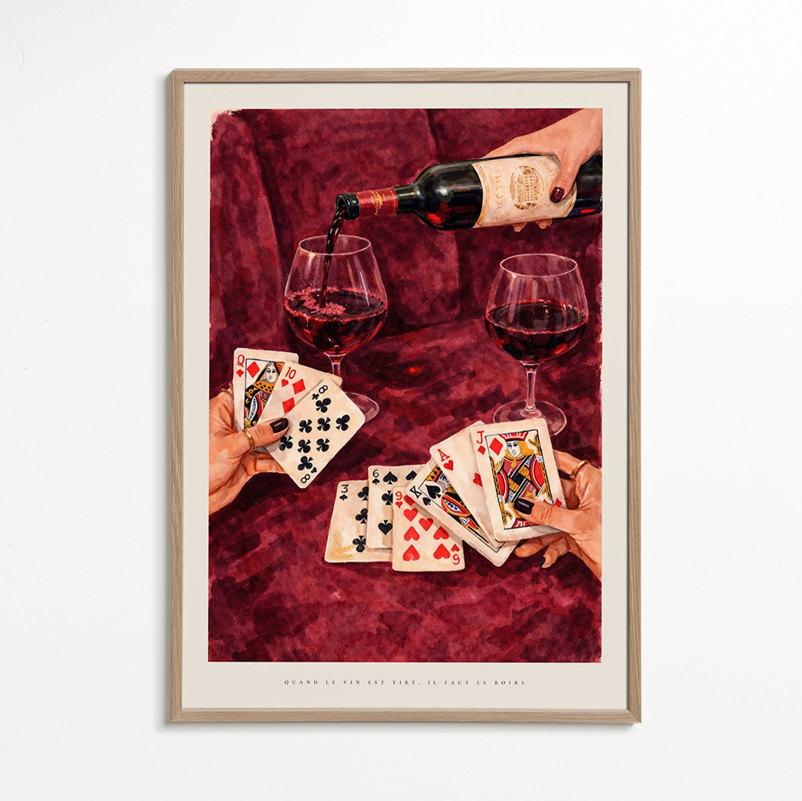 Kitchen art with playing cards and red wine