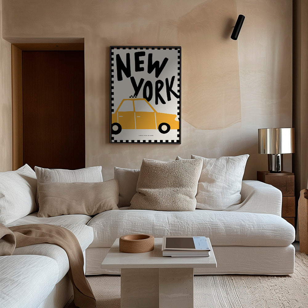 Travel poster with New York taxi and bold lettering
