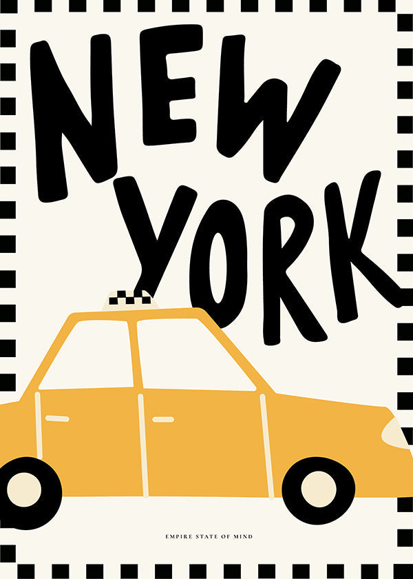 Travel poster with New York taxi and bold lettering