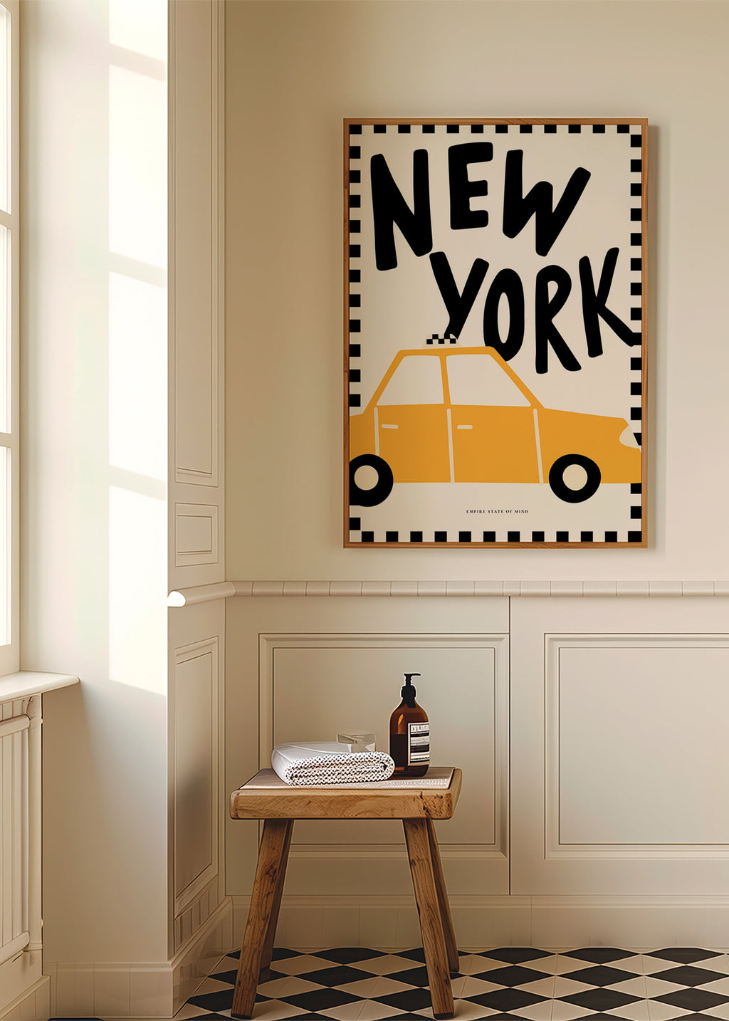Travel poster with New York taxi and bold lettering