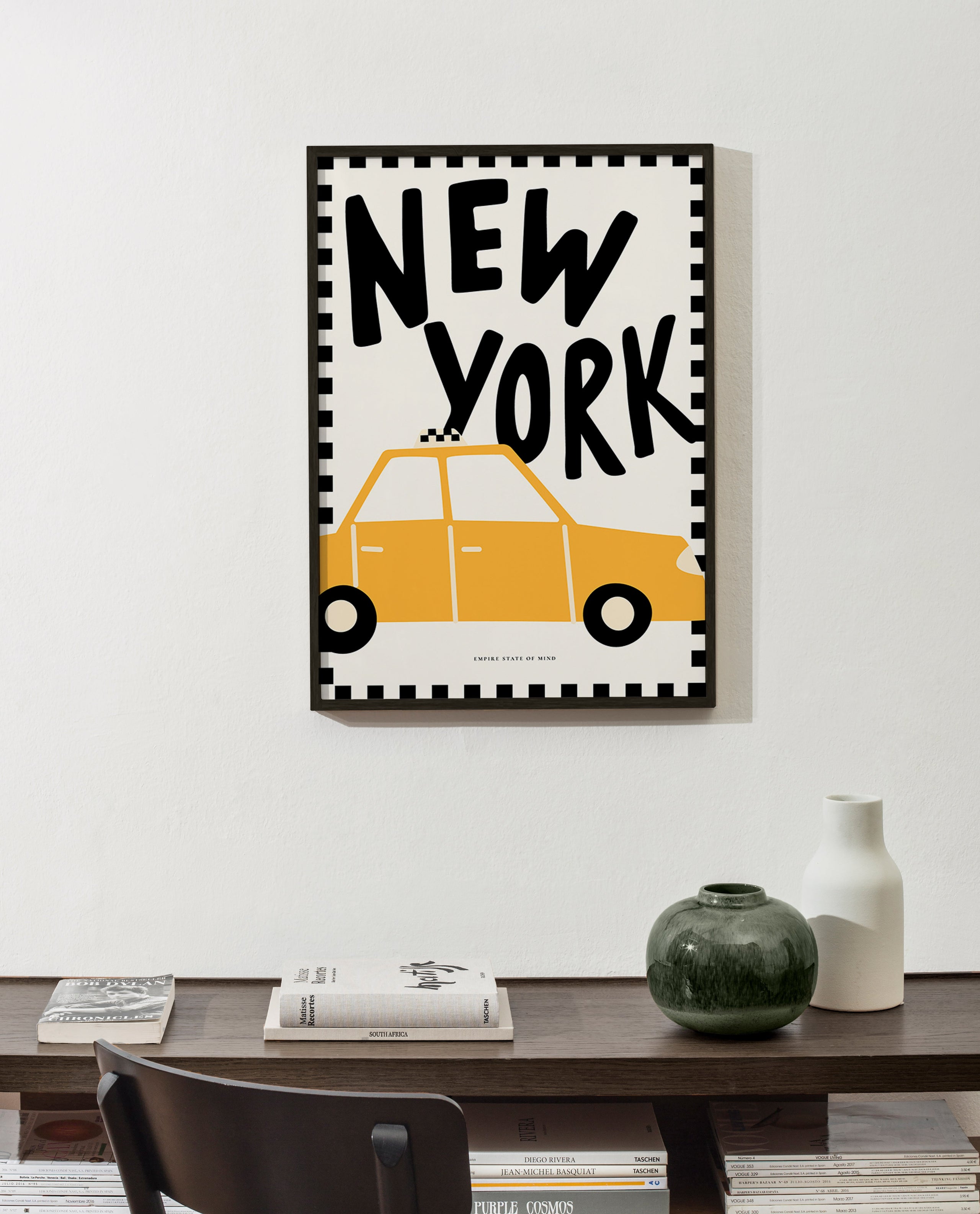 Travel poster with New York taxi and bold lettering