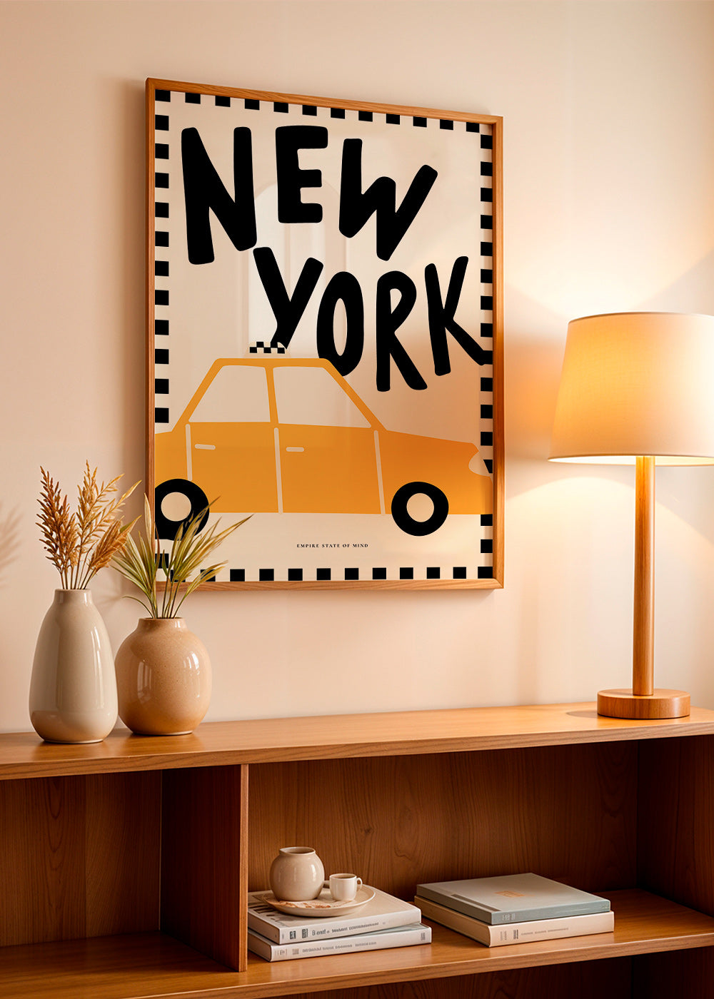 Travel poster with New York taxi and bold lettering