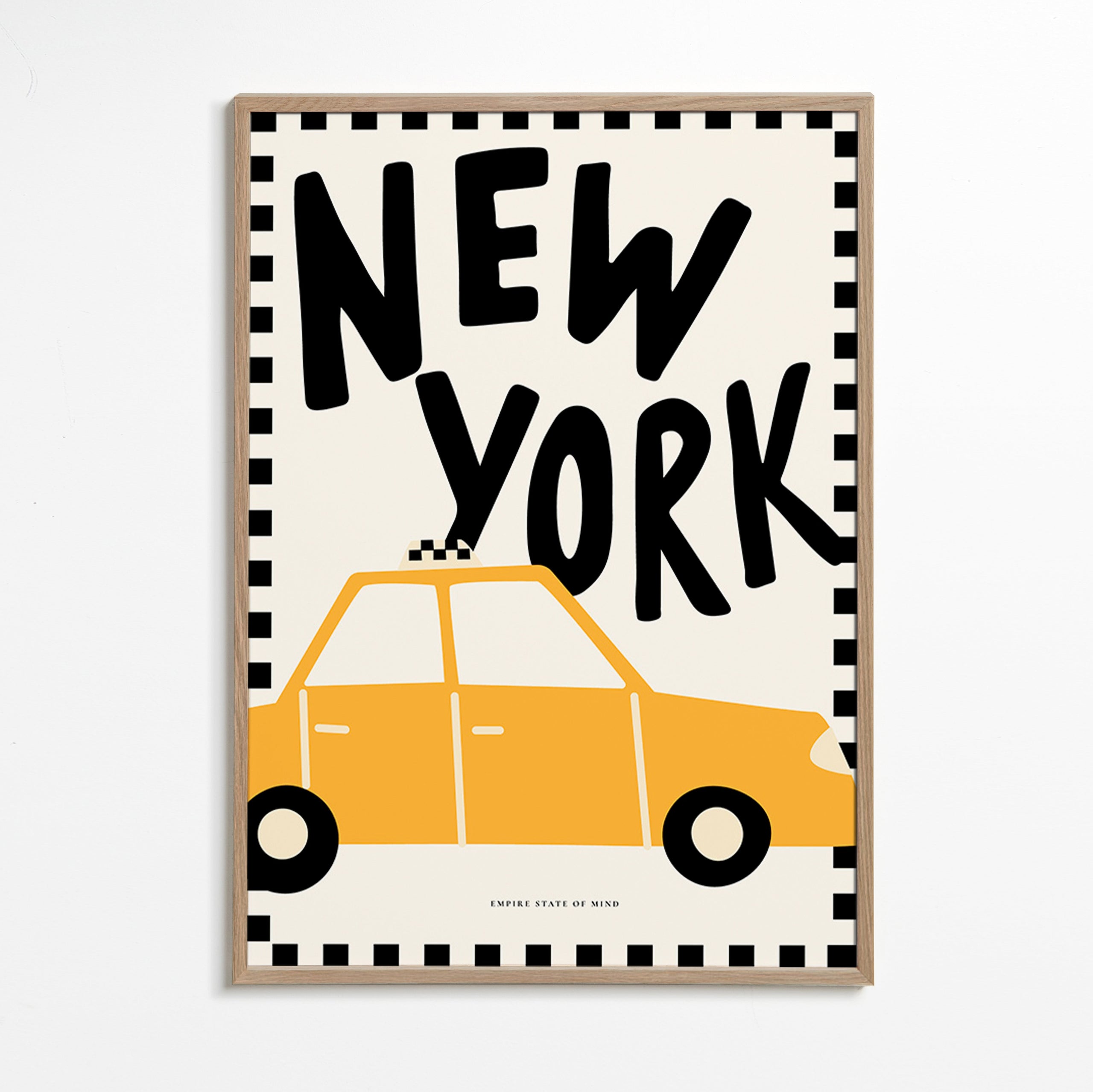 Travel poster with New York taxi and bold lettering