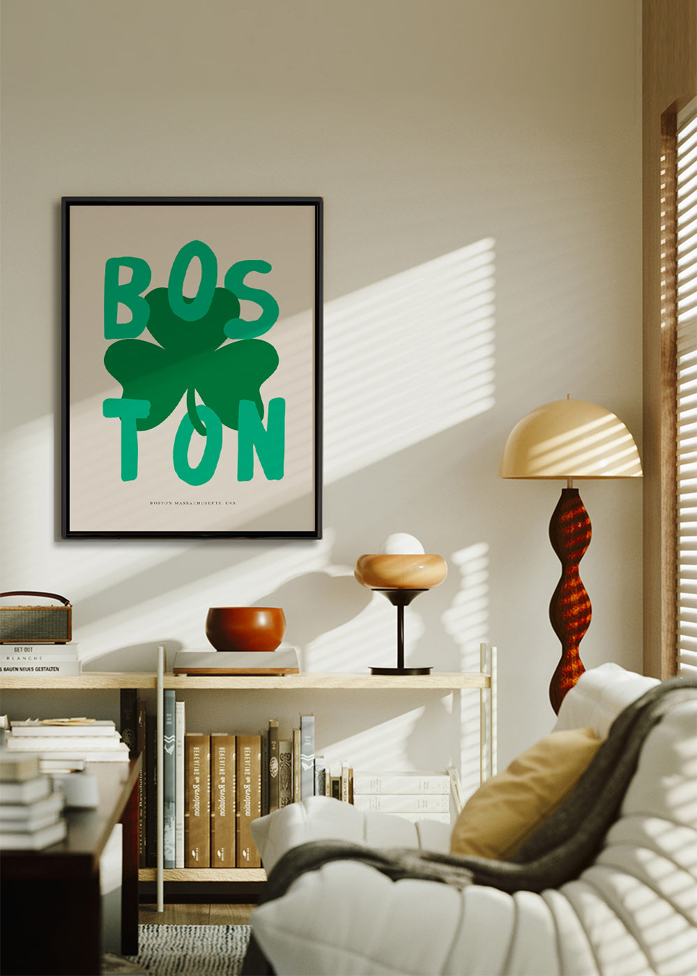 Travel poster Boston with shamrock graphic
