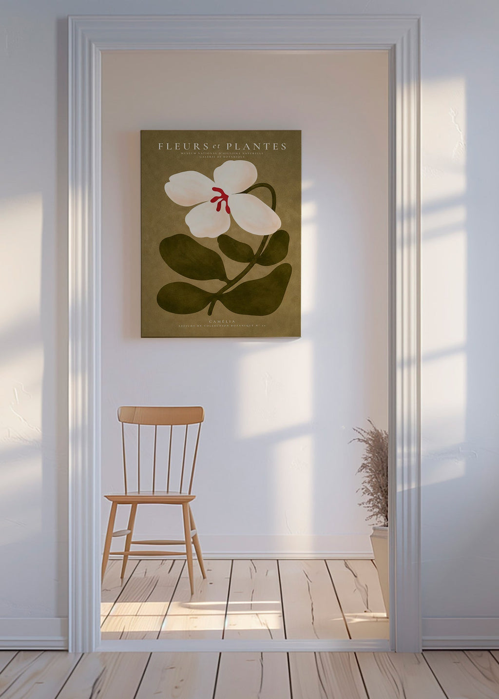 Botanical print: white camellia on olive background