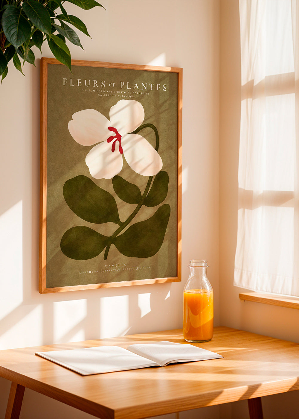 Botanical print: white camellia on olive background