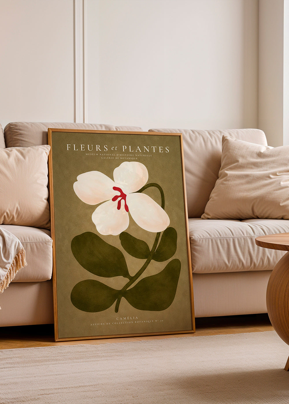 Botanical print: white camellia on olive background