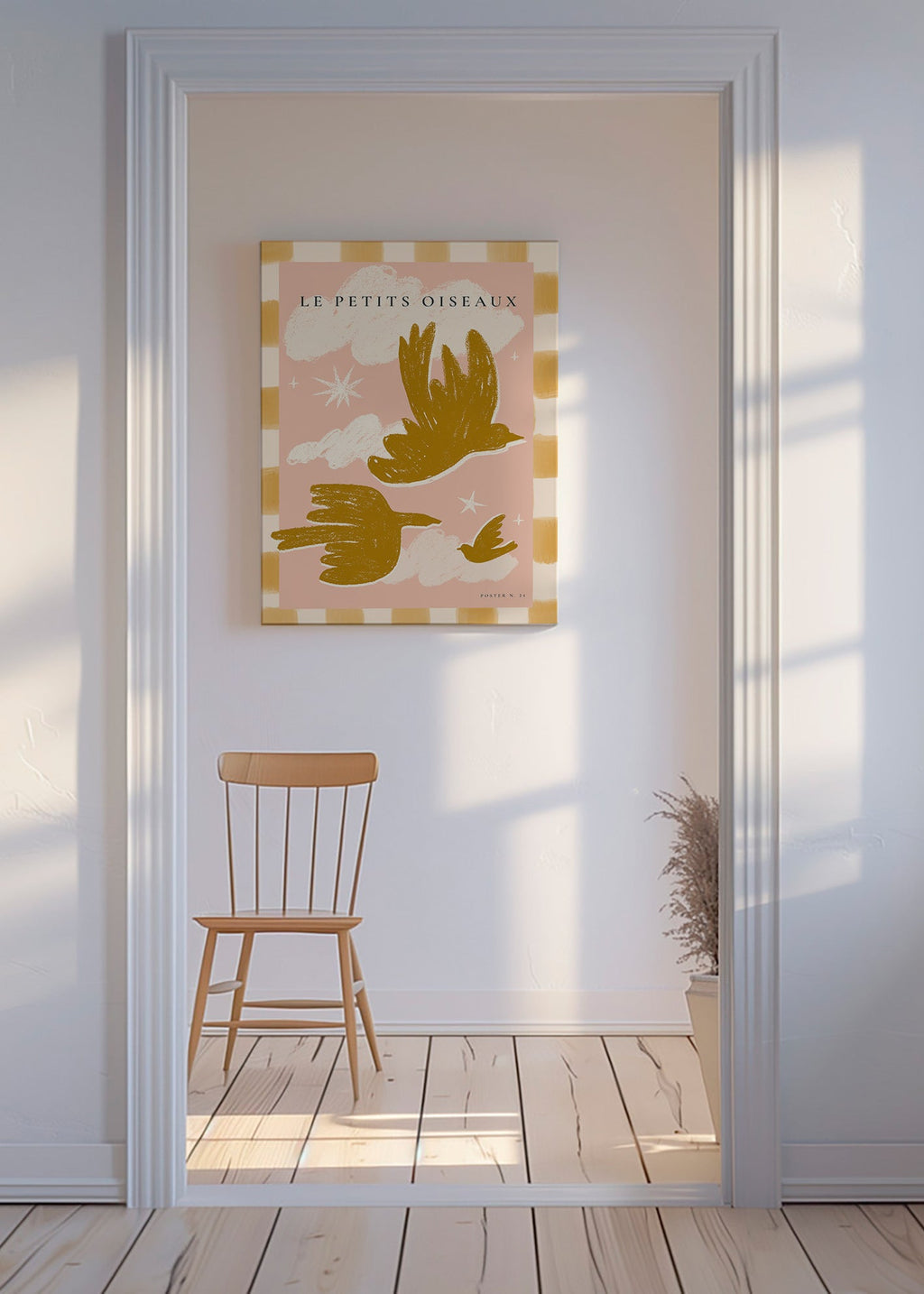 Golden birds illustration on pink