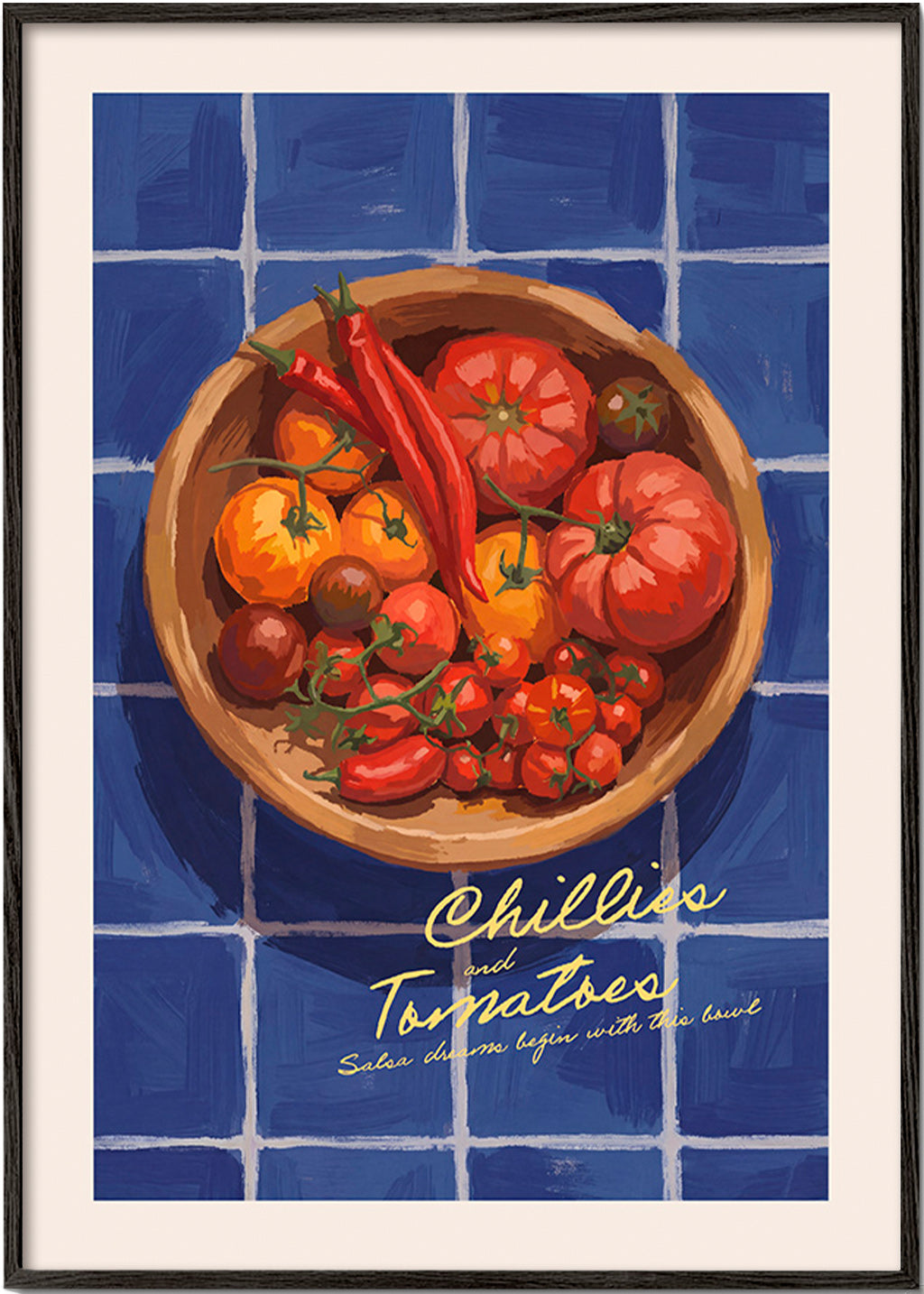 Kitchen art: illustrated chillies and tomatoes bowl