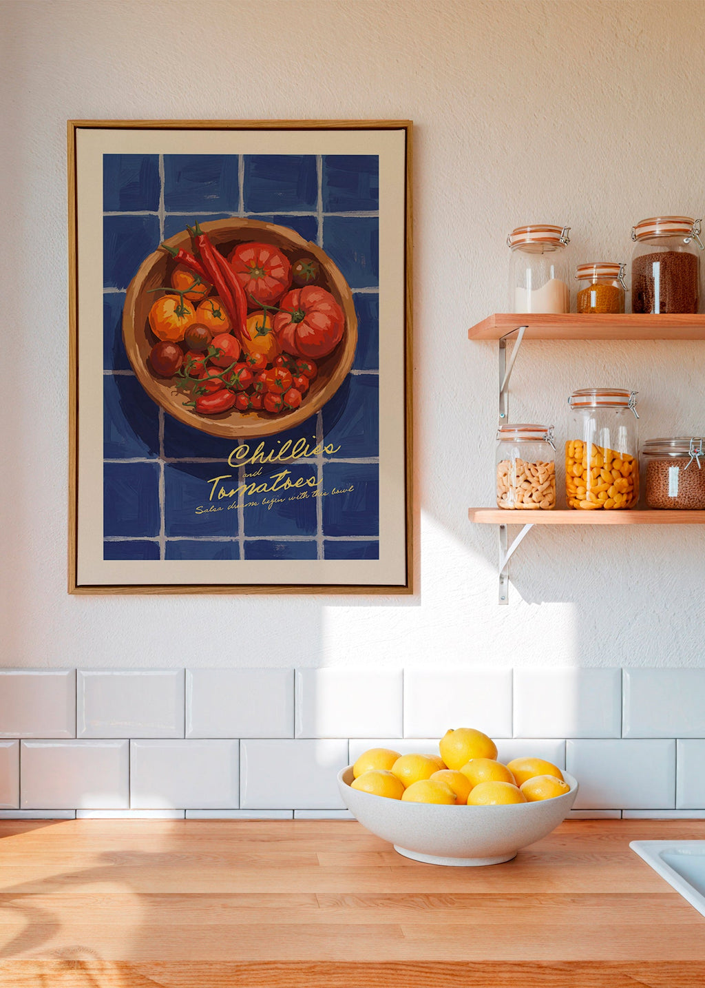 Kitchen art: illustrated chillies and tomatoes bowl
