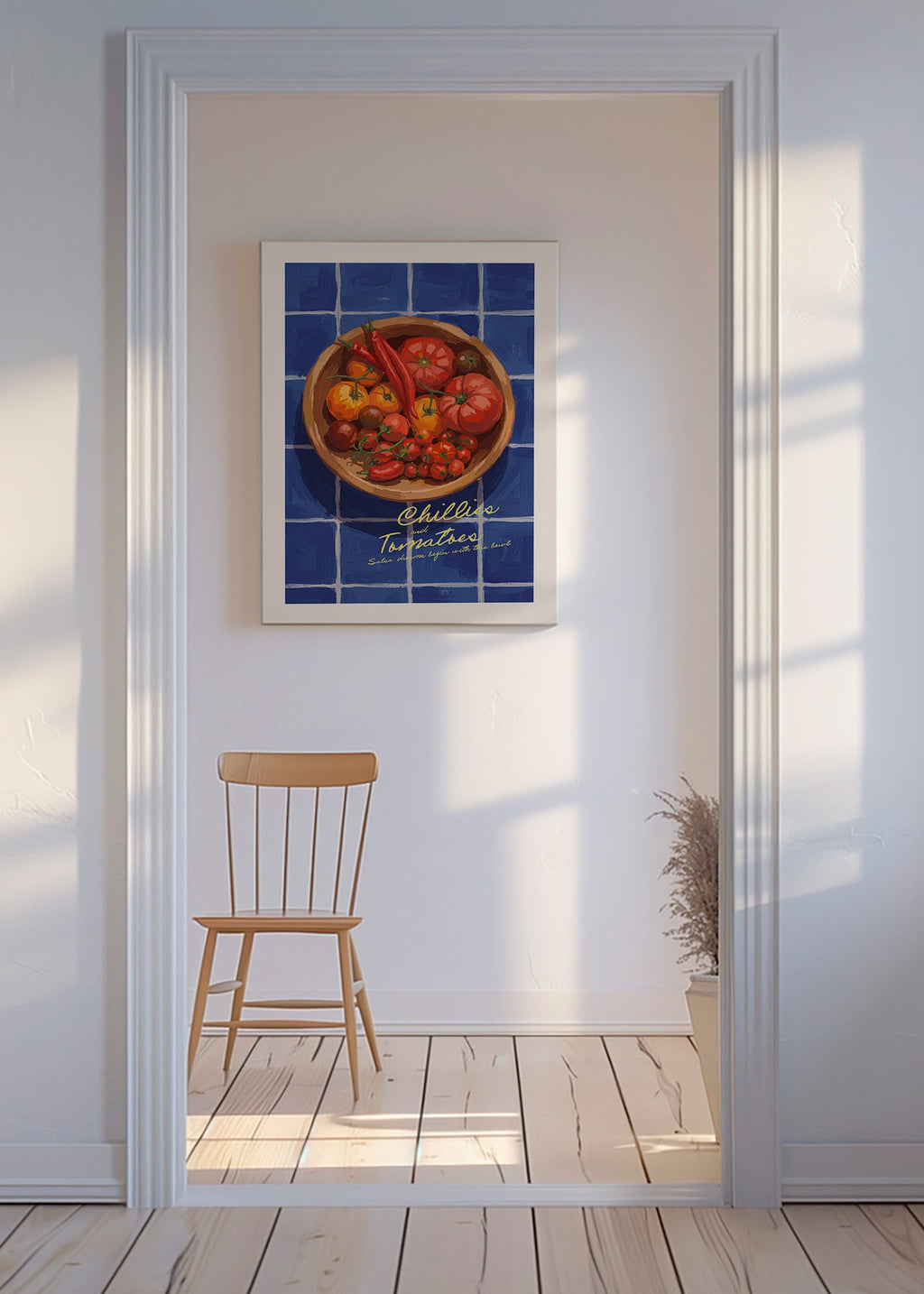 Kitchen art: illustrated chillies and tomatoes bowl