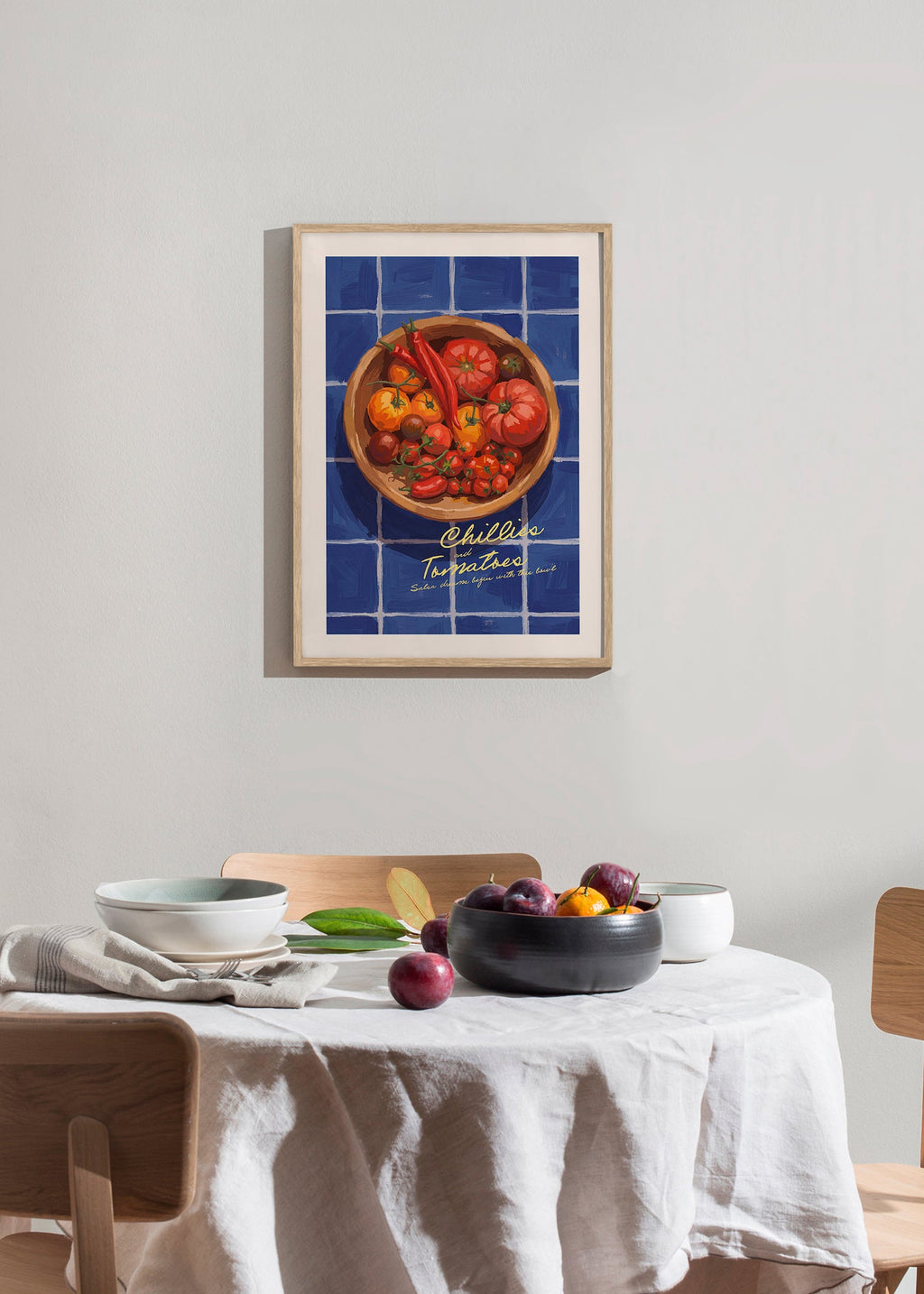 Kitchen art: illustrated chillies and tomatoes bowl