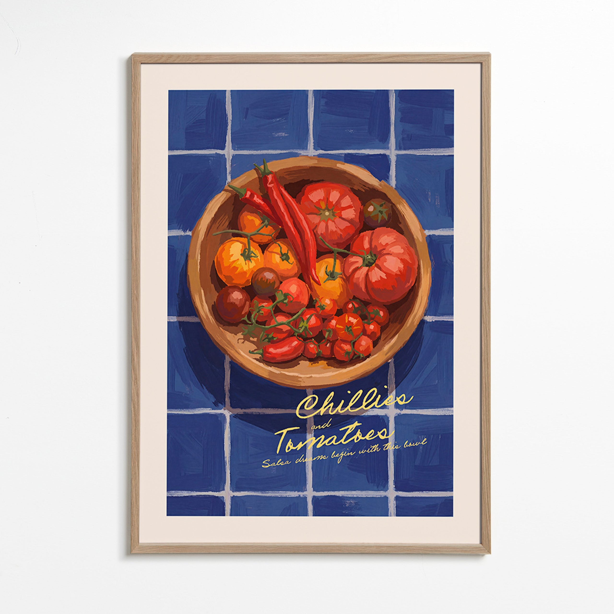 Kitchen art: illustrated chillies and tomatoes bowl