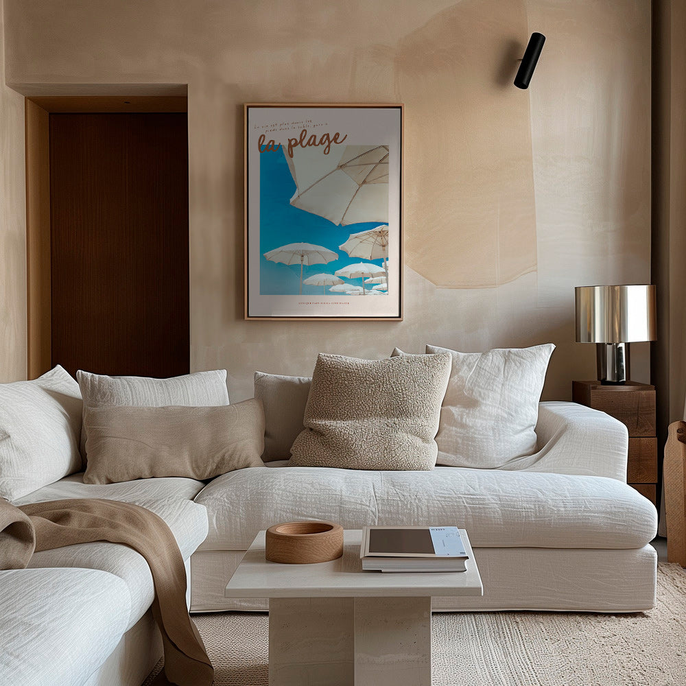 Coastal landscape art with parasols