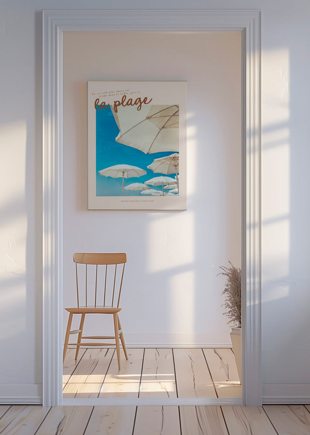 Coastal landscape art with parasols