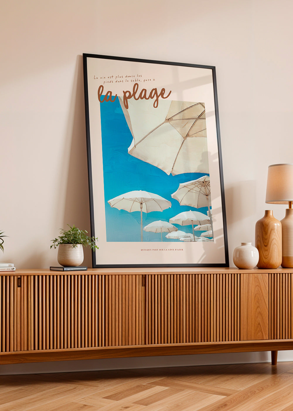 Coastal landscape art with parasols