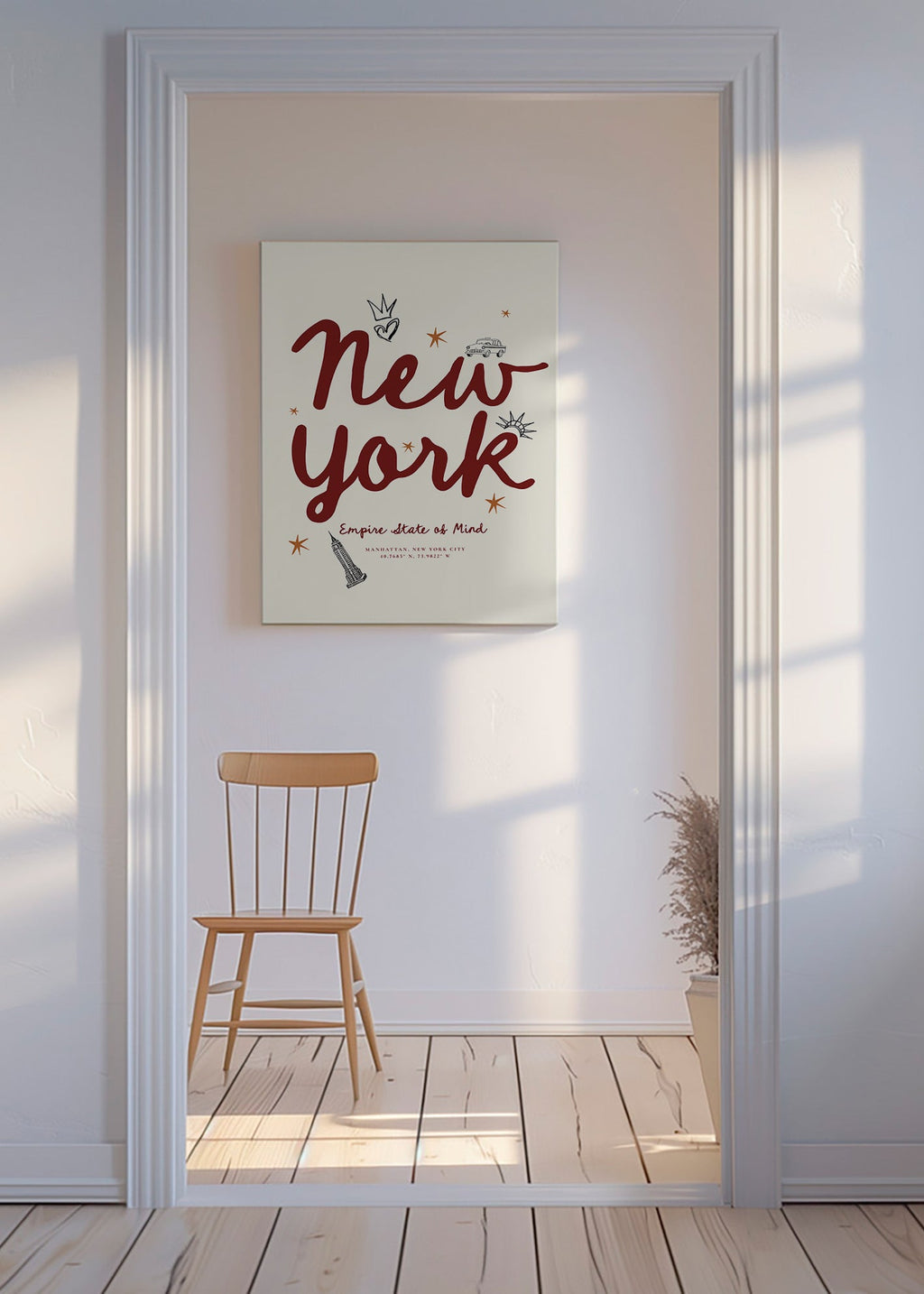 Travel poster New York with burgundy lettering