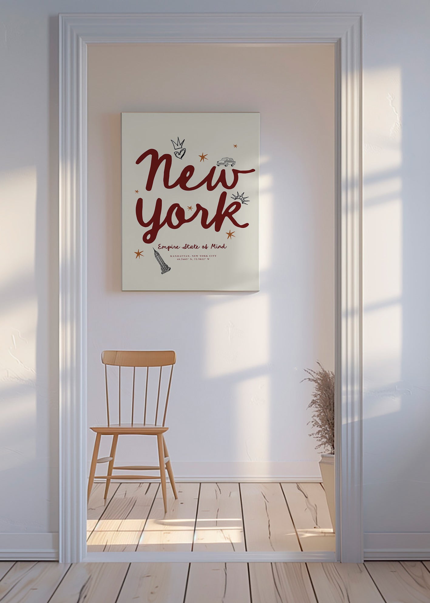 Travel poster New York with burgundy lettering