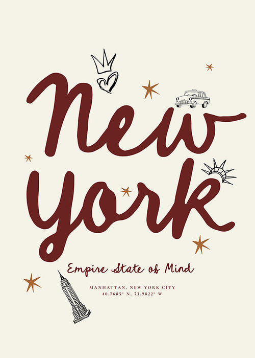 Travel poster New York with burgundy lettering